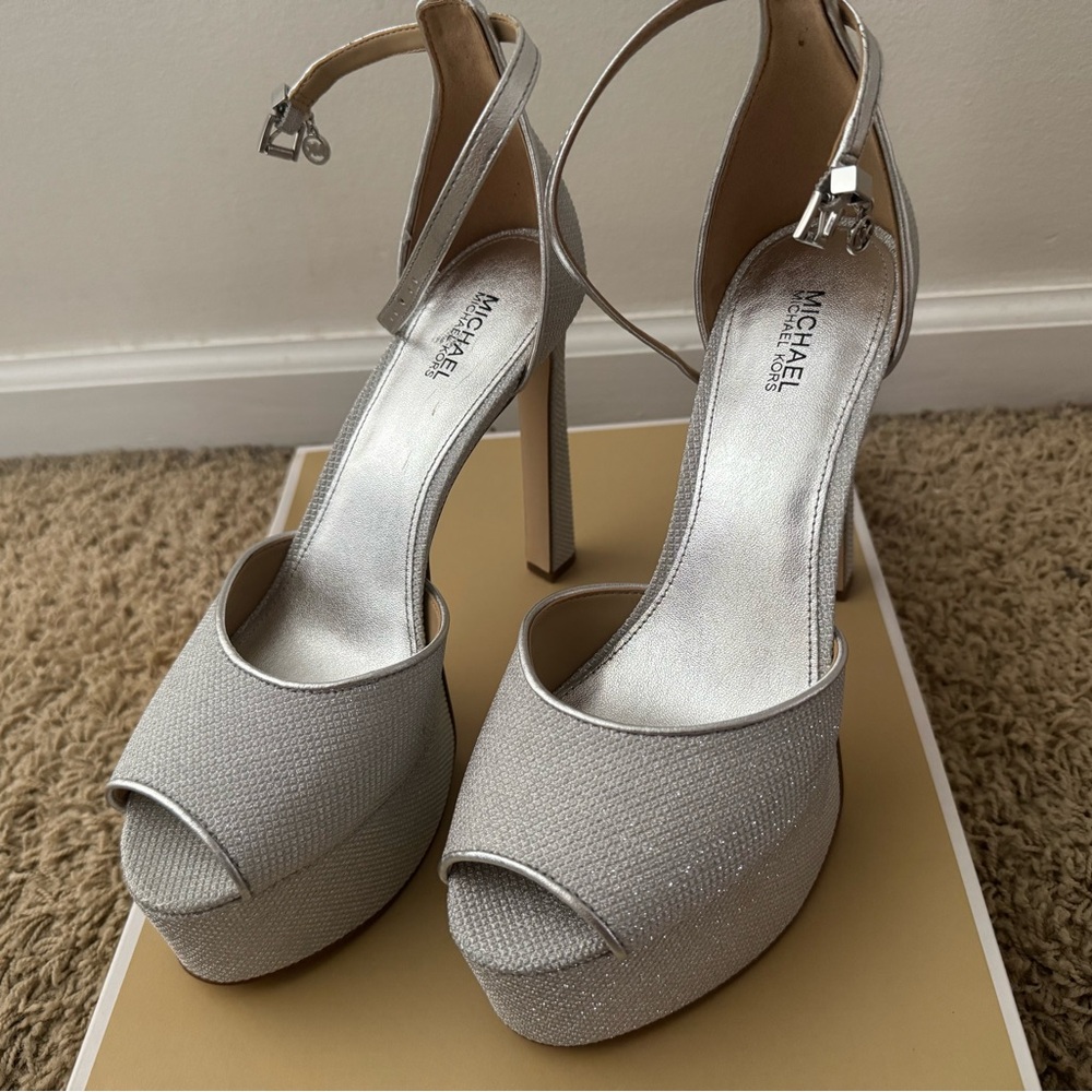 Michael Kors Shimmering Silver Peep-Toe Heels